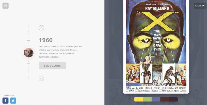 从历史和古典作品中提取的配色，一些富有时代特征的配色参考一个配色参考的网站，这个站点所有的配色都是从不同年代的经典作品中提取出来的，你甚至可以选择不同的时间段来找到你可能要的“年代感”，虽然色卡不多