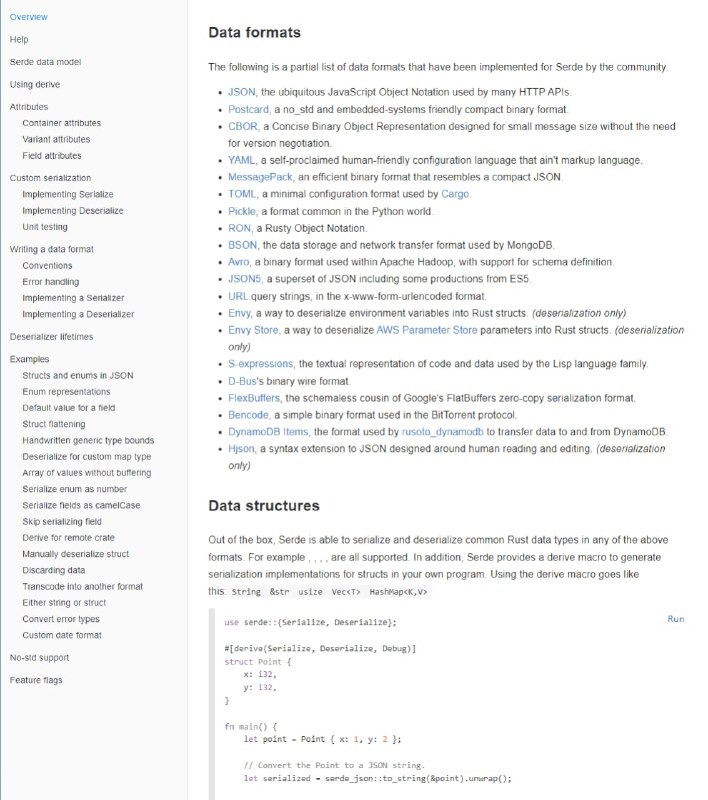 一个用于高效且通用地序列化和反序列化 Rust 数据结构的框架，支持多种数据格式的处理，包括 JSON、YAML、BSON、URL 等等Serde | docs | #框架