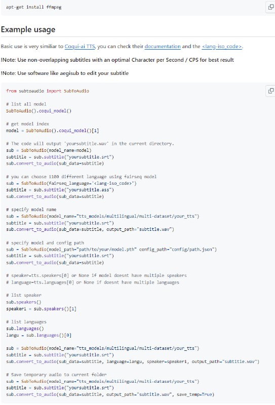 将字幕文件转换为音频的工具，使用Coqui-ai TTS生成音频，并根据字幕时间同步音频时间轴，可自定义模型和配置文件，支持多语种和多说话人