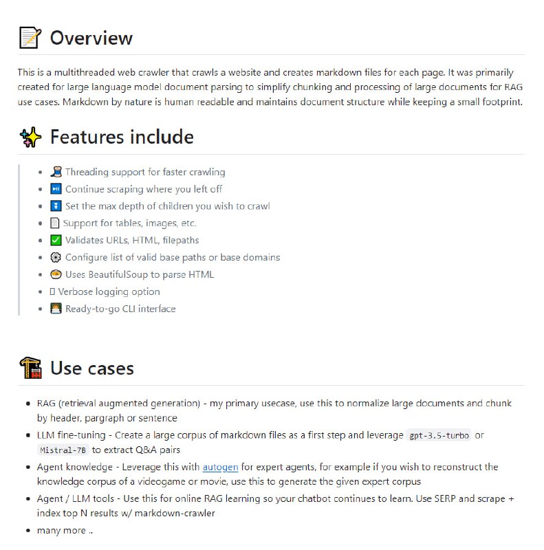 markdown_crawler：多线程网络爬虫，能递归地爬取网站并为每个页面创建 Markdown 文件，专为大型语言模型文档解析设计