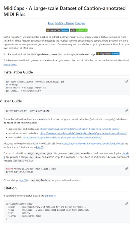 MidiCaps：大规模MIDI文件标注数据集，为音乐内容分析提供全面特征，包括节奏、和弦进行、拍号、乐器存在、流派和情绪等，支持从个人MIDI文件集合生成描述性文本 | #数据集