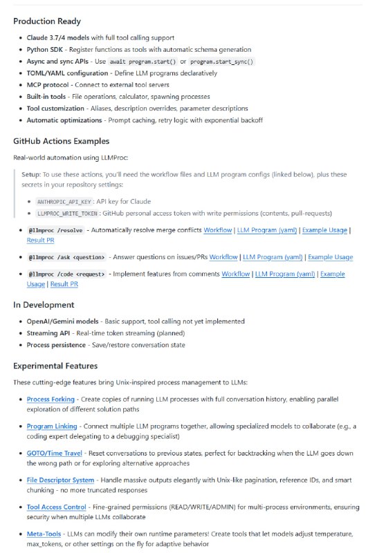 LLMProc：为语言模型打造的“操作系统”，让模型像进程一样协同工作，解决复杂任务支持多模型协同，实现强大的I/O管理；提供15次提交的丰富功能，涵盖程序链接、分叉工具和时间旅行；支持OpenAI、Anthropic和Google Gemini等主流模型