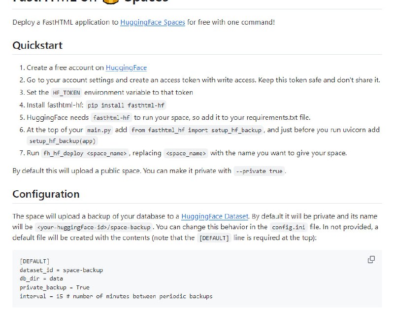 FastHTML on Spaces：一键部署FastHTML应用至HuggingFace Spaces，支持免费部署，自动备份数据库至HuggingFace Dataset，提供公有与私有空间选项