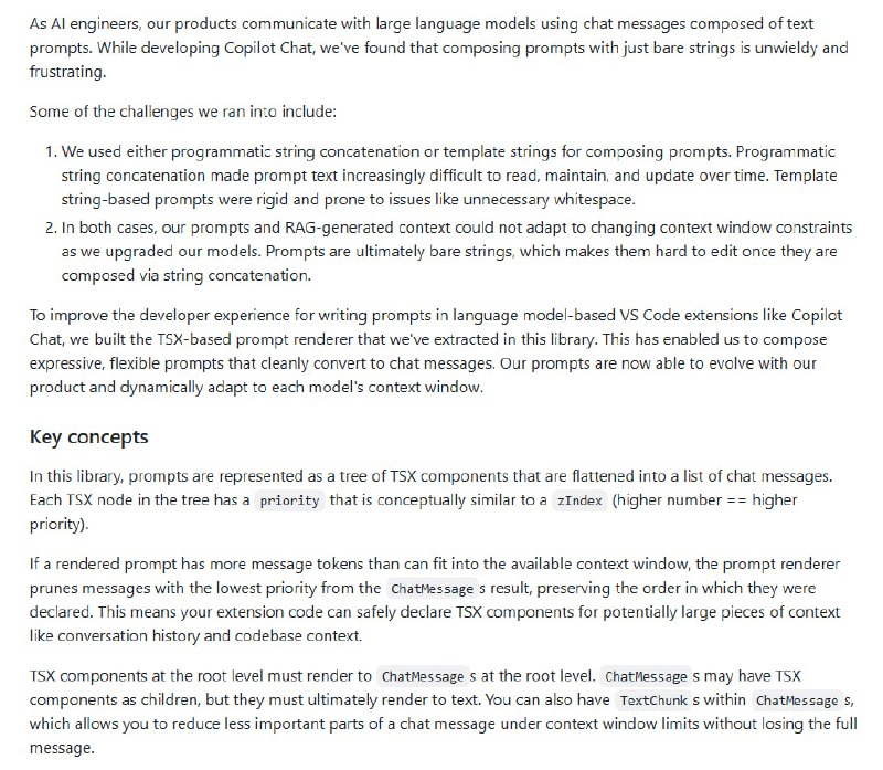 microsoft/vscode-prompt-tsx：用于在开发 VS Code 扩展时，通过 TSX 声明提示，以提高与 Copilot Chat 集成的开发者体验