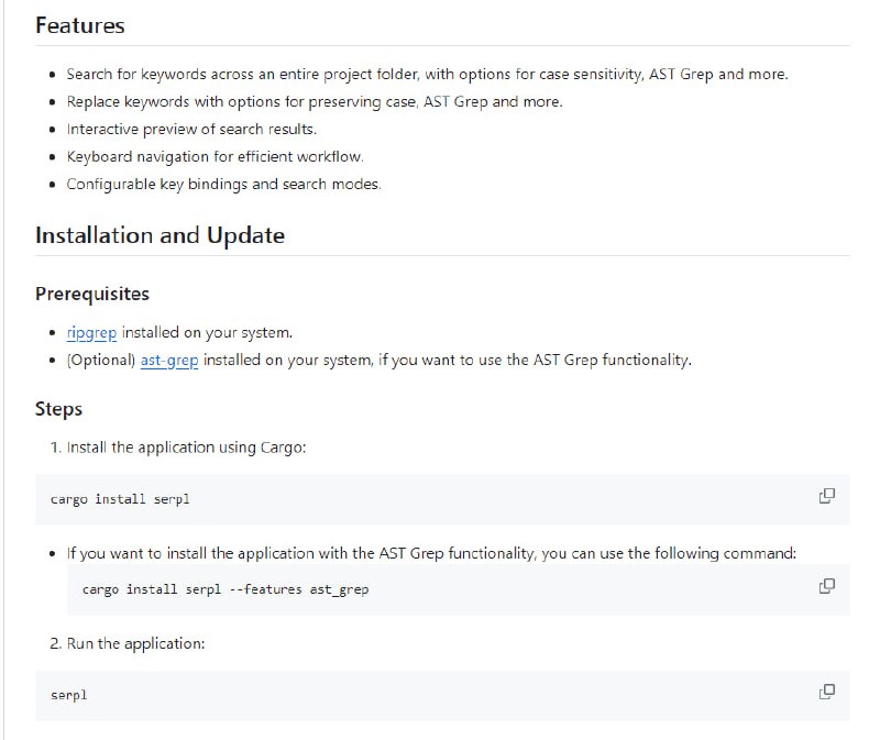 Serpl：终端用户界面的搜索与替换工具，提供类似VS Code的文件搜索替换功能，支持整个项目文件夹的关键词搜索与替换 | #工具