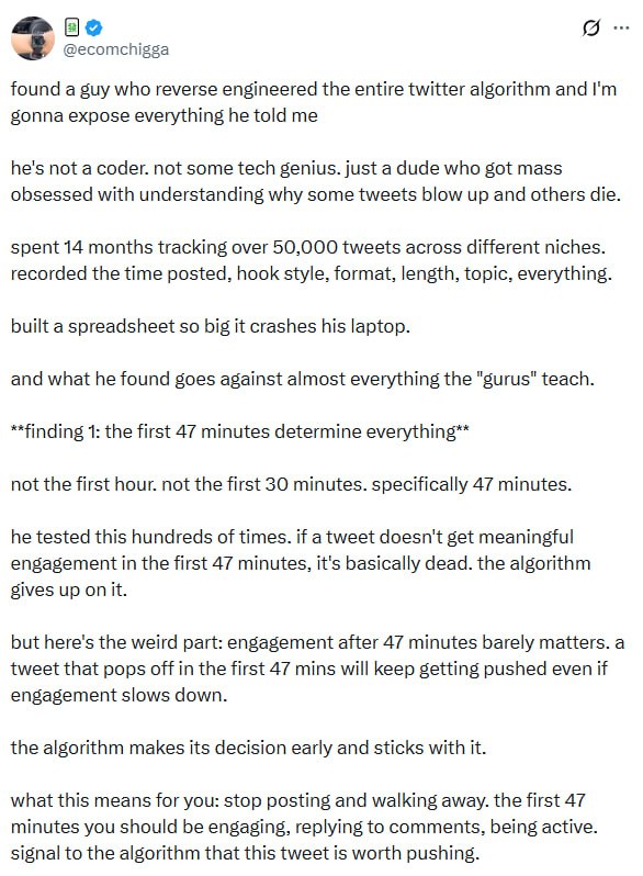 有人花14个月跟踪5万条推文，逆向研究了Twitter算法，揭示了10个关键真相，颠覆了大多数“专家”的说法：帖子1. 决定推文命运的是前47分钟