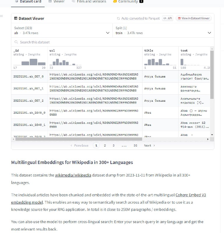 包含了300多种语言的Wikipedia嵌入表示的数据集 | Cohere
