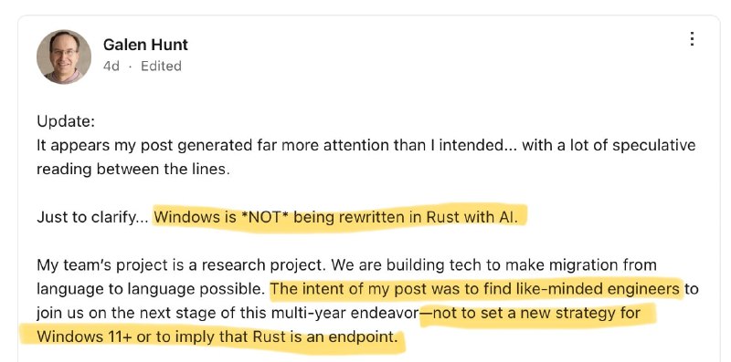 微软的“2030清零计划”：一场关于Rust与AI的软件工程豪赌 | 帖子微软杰出工程师 Galen Hunt 近日发布的一则招聘启事，在技术圈掀起了轩然大波