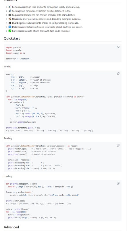 Granular：高性能数据集格式和加载器，适用于从简单到复杂的各类数据集，提供快速读写、随机访问、序列化支持和数据分片功能