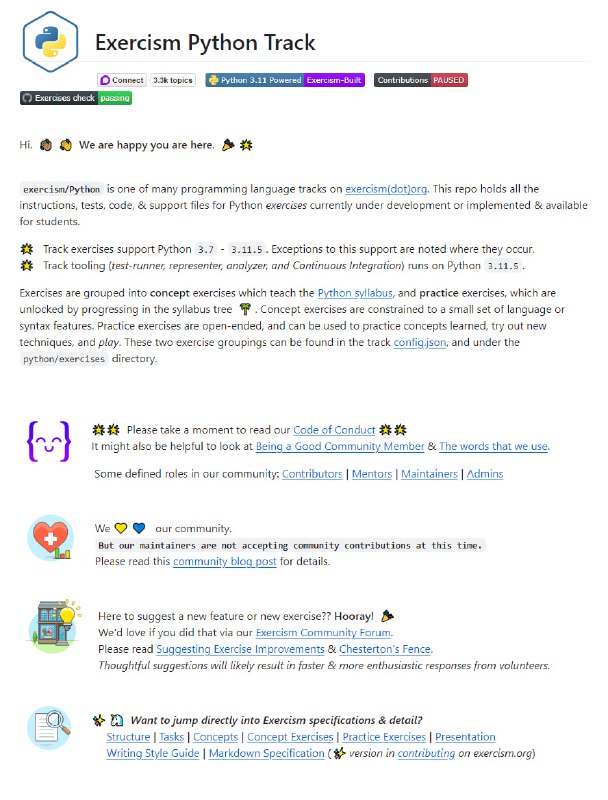 Exercism Python编程练习：Python语言的在线编程练习平台，提供从基础到高级的编程挑战，支持Python 3.7至3.11.5版本，包含概念练习和实践练习，旨在帮助学生深入学习Python语言