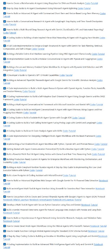 AI项目实战代码库，覆盖从Agentic AI、多智能体协作，到机器学习管道与大模型应用的全流程实现：• 详尽Agent构建教程：基于Biopython的生物信息AI Agent、Microsoft Agent-Lightning轻量级开发、LangGraph多轮对话研究Agent、Gemini驱动的分层推理与任务规划Agent等，涵盖短期记忆与向量长时记忆融合技术