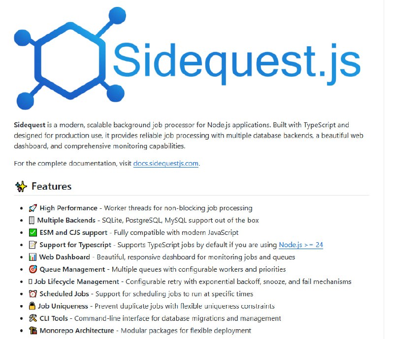 Sidequest：面向 Node.js 的现代化、可扩展后台任务处理器，专为生产环境设计，支持多数据库后端与全栈监控