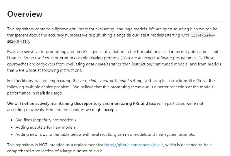 用于评估语言模型准确性的轻量库，包含多个评估，如 MMLU、MATH、GPQA、DROP、MGSM 和 HumanEval，并为 OpenAI 和 Anthropic API 提供了采样接口 | github