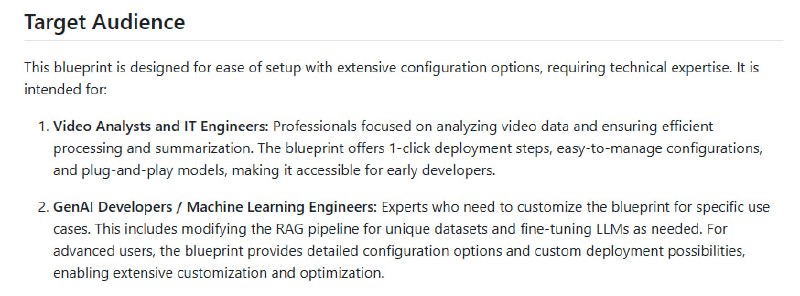 NVIDIA AI Blueprint：大规模视频搜索与摘要的行业级解决方案• 支持海量实时及存档视频的智能摄取与结构化分析，助力快速决策与运营优化  • 结合视觉语言模型（Cosmos Nemotron VLM）、大型语言模型（Llama Nemotron LLM）及NVIDIA NIM微服务，实现精准视频摘要和交互式问答  • 采用Context-Aware RAG模块，融合向量库与图数据库，增强多跳推理、时序理解及异常检测能力  • 灵活部署：支持单GPU、局部多GPU及完全远程架构，满足从开发到生产的多种场景需求  • 面向视频分析师与AI开发者，提供一键部署、丰富配置及高度可定制化的流水线和微服务  • 完善文档覆盖API授权、硬件需求、快速上手指南及安全漏洞说明，保障稳定可靠运行  • 典型应用涵盖智能空间监控、仓储自动化及标准作业流程验证，赋能行业数字化转型视频智能分析已进入多模态融合与上下文增强的新阶段，NVIDIA蓝图提供了系统化路径，降低复杂度，提升效率，释放视频数据的最大价值
