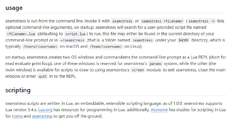 seamstress艺术引擎：用于音乐、视觉和数据交互的Lua脚本环境，支持版本5.4.x的Lua语言，提供丰富的资源和文档，适用于macOS和Linux平台