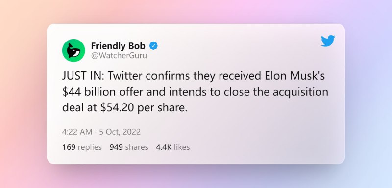 推特刚刚确认他们收到了埃隆马斯克 440 亿美元的报价，并打算以每股 54.20 美元的价格完成收购交易