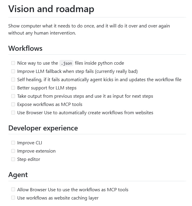 Workflow Use：让自动化工作流变得简单又可靠，记录一次就能重复使用无需手动输入，直接展示流程即可生成工作流；支持变量提取，自动从表单中提取关键信息；自愈功能，工作流失败时自动修复Workflow Use：让自动化工作流变得简单又可靠，记录一次就能重复使用无需手动输入，直接展示流程即可生成工作流；支持变量提取，自动从表单中提取关键信息；自愈功能，工作流失败时自动修复