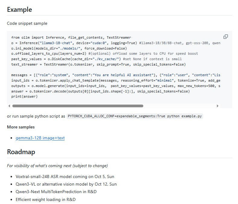 ollm：在仅8GB显存的GPU上，利用SSD卸载技术运行超大语言模型（LLM）并支持10万token上下文，无需量化处理