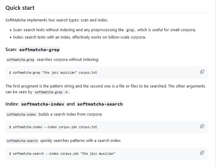 突破传统限制的十亿级语料库搜索利器 ：SoftMatcha | #工具 #语料库创新性地结合词嵌入和倒排索引，提出了一种快速且语义化的模式匹配算法，有效解决了大规模语料库中传统精确匹配方法的局限性，并在效率、可扩展性和语义匹配能力上取得了显著提升，为 NLP 和语料库语言学领域的大规模文本分析提供了强有力的工具