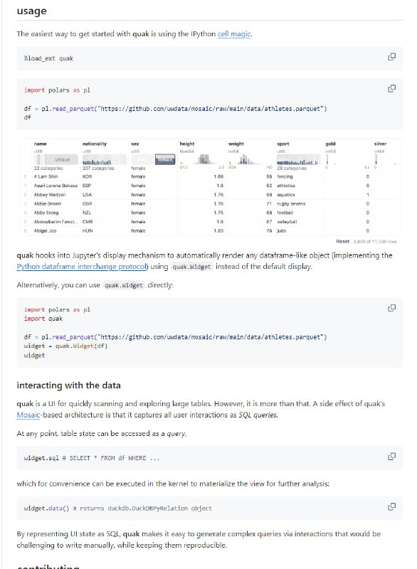 Jupyter中快速扫描大型数据表的可扩展数据分析工具，能捕获交互操作生成可执行SQL查询，支持数据的交互式探索和分析quak | #工具