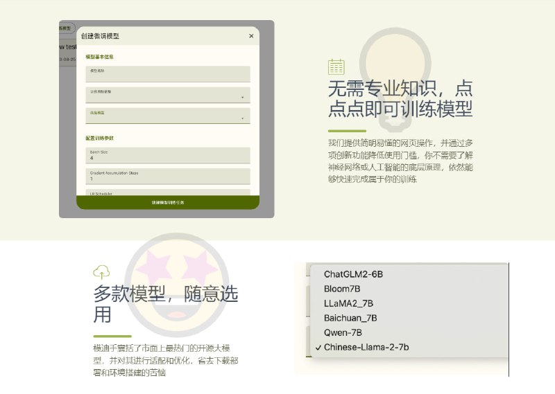modihand：独立部署，训练属于你的文本大模型只需要上传你的 json 数据集，然后在网页点几下，就可以训练属于你的文本大模型支持 Lora，Ptuning，Freeze 等多种微调训练方式；支持多个开源大模型作为基底，可以完整下载训练完的模型权重，自己部署，断网离线使用modihand：独立部署，训练属于你的文本大模型只需要上传你的 json 数据集，然后在网页点几下，就可以训练属于你的文本大模型支持 Lora，Ptuning，Freeze 等多种微调训练方式；支持多个开源大模型作为基底，可以完整下载训练完的模型权重，自己部署，断网离线使用