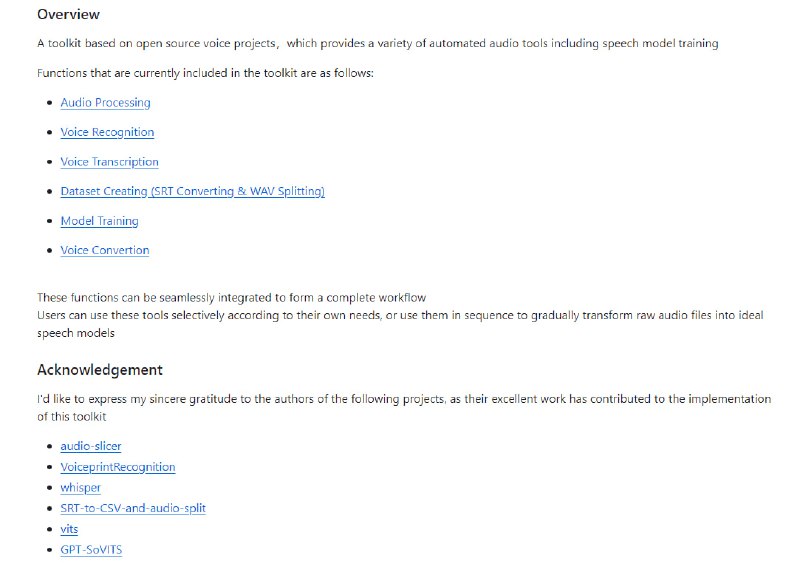 可本地部署的AI语音工具箱，提供语音识别、语音转写、语音转换等功能，支持音频处理、数据集创建和模型训练，适用于音频文件到理想语音模型的转换Easy Voice Toolkit | #工具可本地部署的AI语音工具箱，提供语音识别、语音转写、语音转换等功能，支持音频处理、数据集创建和模型训练，适用于音频文件到理想语音模型的转换Easy Voice Toolkit | #工具