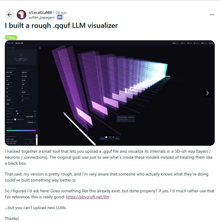 打开AI黑盒：让大模型的内部结构肉眼可见 | 帖子 | 项目地址 | 在线体验 | 经典参考我们每天都在使用大语言模型，但它们内部究竟长什么样？一位开发者决定不再把模型当成黑盒来对待