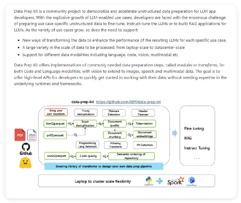 数据准备工具箱：旨在为大型语言模型（LLM）应用程序开发者提供数据准备的工具和方法，包含多种数据处理模块，支持从个人电脑到数据中心规模的数据加工，支持代码和自然语言等多种数据模式Data Prep Kit | #工具
