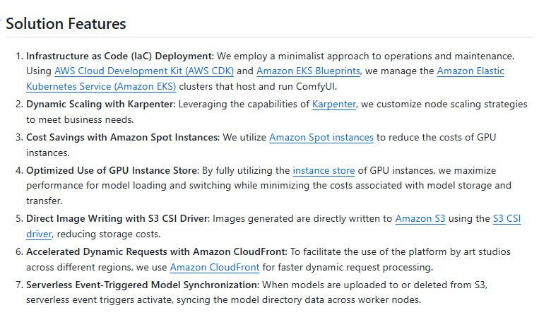 ComfyUI on EKS：在AWS上一键部署ComfyUI的高效解决方案使用AWS CDK和EKS蓝图实现IaC部署，运维超省心；动态扩展与Spot实例，成本降低超30%；GPU实例存储优化，模型加载速度提升50%ComfyUI on EKS：在AWS上一键部署ComfyUI的高效解决方案使用AWS CDK和EKS蓝图实现IaC部署，运维超省心；动态扩展与Spot实例，成本降低超30%；GPU实例存储优化，模型加载速度提升50%