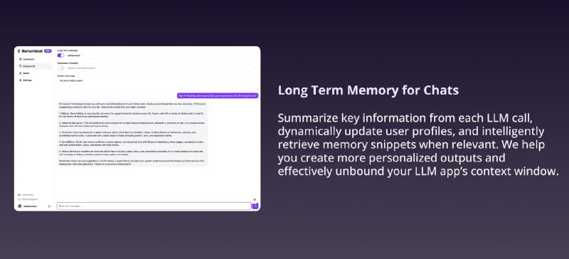 Remembrall：一个API平台，它能为基于LLM的应用提供长期记忆能力，允许开发者只需两行代码即可将上下文信息插入到LLM调用中，这样LLM就可以利用用户聊天记录和相关文档进行回应 | #APIRemembrall：一个API平台，它能为基于LLM的应用提供长期记忆能力，允许开发者只需两行代码即可将上下文信息插入到LLM调用中，这样LLM就可以利用用户聊天记录和相关文档进行回应 | #API