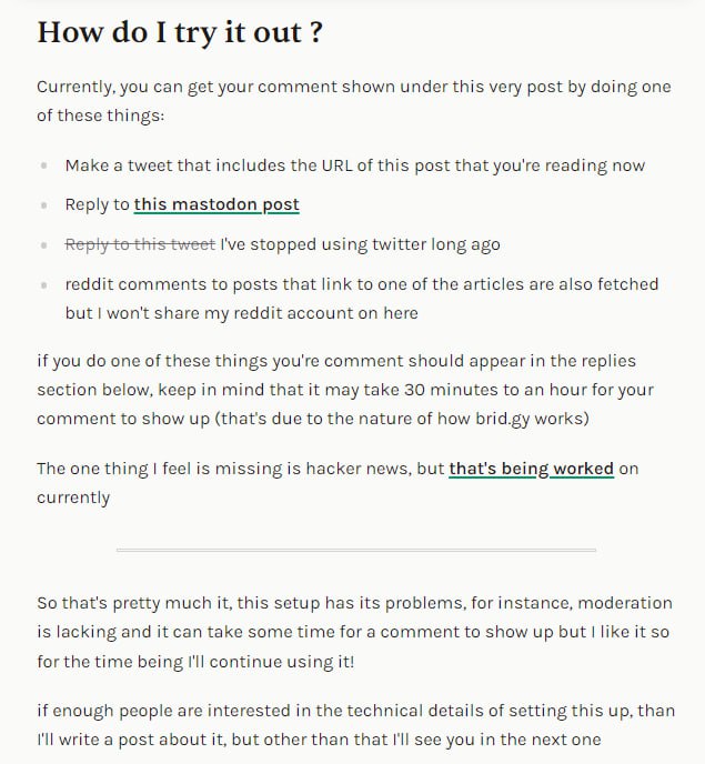 从网络上的任何地方接收博客回复引导语：这些年来，博主和读者之间的关系一直都是片面的：作者发表了一篇新帖子，它被读者消费了，但围绕帖子的讨论很难出现，有些人有一个评论区，但我一直觉得这个解决方案非常片面， 至少可以说：作为读者：我不想在我阅读的每个博客上创建一个帐户，因为我最终会拥有数百个我很少使用的帐户 跟上我不经常咨询的博客上的对话也很麻烦作为作者：跟踪评论和过滤垃圾邮件可能会变得非常困难（如果是自托管，甚至很贵），任何运行WordPress网站的人都知道这一点