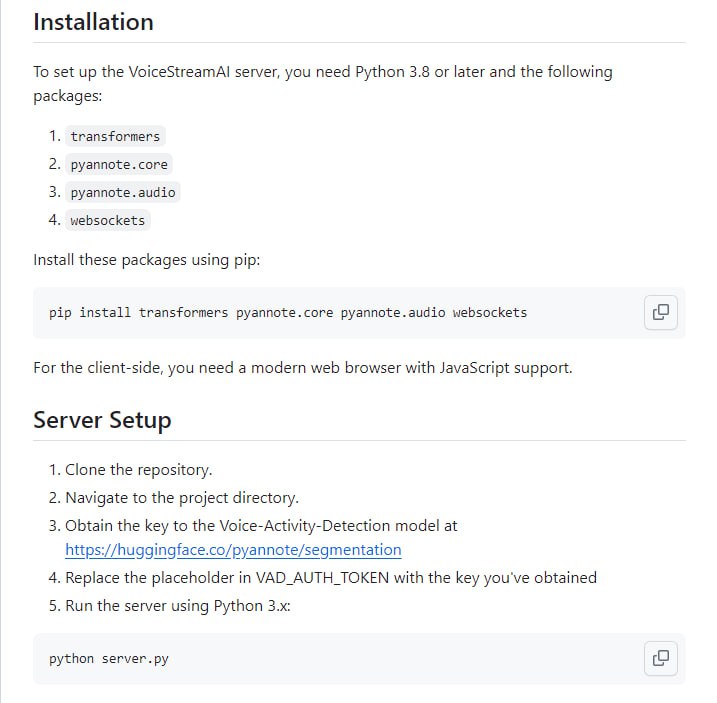 VoiceStreamAI：通过具有自托管 Whisper 模型的 WebSocket 进行近实时语音转录VoiceStreamAI 是一种基于 Python 3 的服务器和 JavaScript 客户端解决方案，可使用 WebSocket 实现近实时音频流和转录