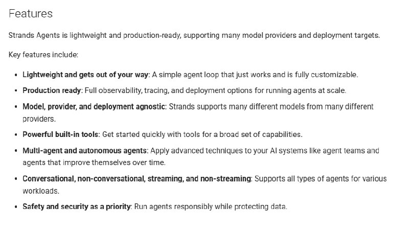 Strands Agents SDK：用几行代码就能构建强大的AI Agent支持多种模型提供商，如Amazon Bedrock、Anthropic、Llama等；轻量级且灵活，简单易用；提供丰富的工具支持，快速搭建复杂工作流Strands Agents SDK：用几行代码就能构建强大的AI Agent支持多种模型提供商，如Amazon Bedrock、Anthropic、Llama等；轻量级且灵活，简单易用；提供丰富的工具支持，快速搭建复杂工作流