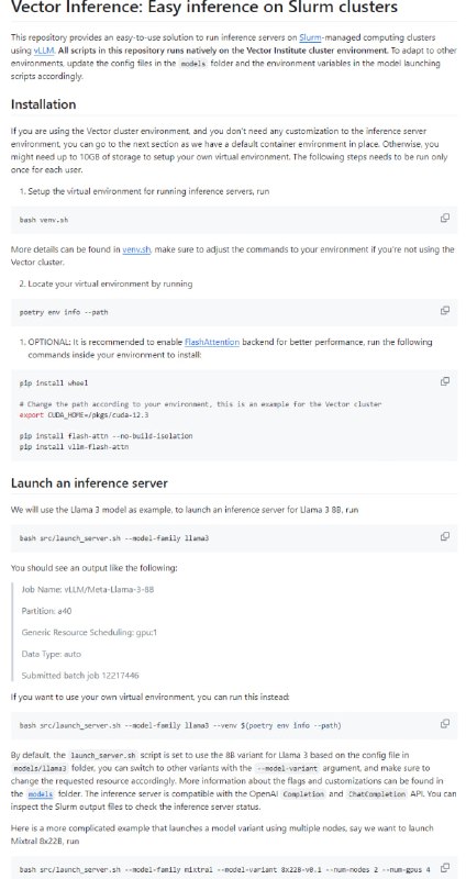 在Slurm集群上使用vLLM进行高效大型语言模型（LLM）推理，简化了推理服务器的运行和管理，支持自定义配置以适应不同环境Vector Inference | #工具