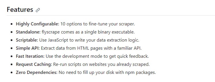 flyscrape：Go写的网站爬虫，独立可定制的Web抓取程序，兼具Go语言的速度特性和JavaScript的灵活性，结合了配置灵活易用和运行高效稳定两个优点flyscrape：Go写的网站爬虫，独立可定制的Web抓取程序，兼具Go语言的速度特性和JavaScript的灵活性，结合了配置灵活易用和运行高效稳定两个优点