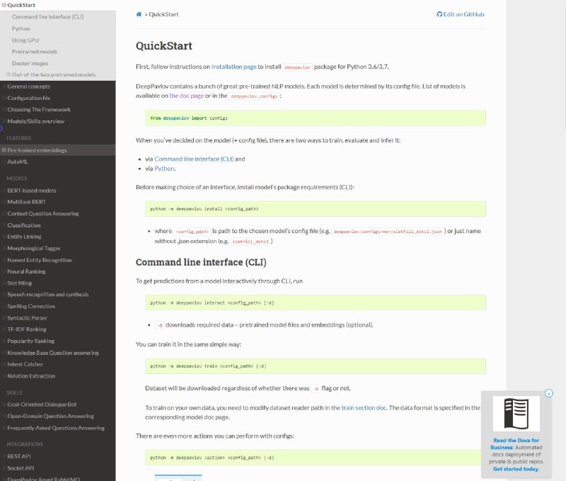 构建在TensorFlow, Keras, PyTorch上的开源对话AI库DeepPavlov 专为：开发生产就绪的聊天机器人和复杂的对话系统，NLP领域的研究，特别是对话系统的研究