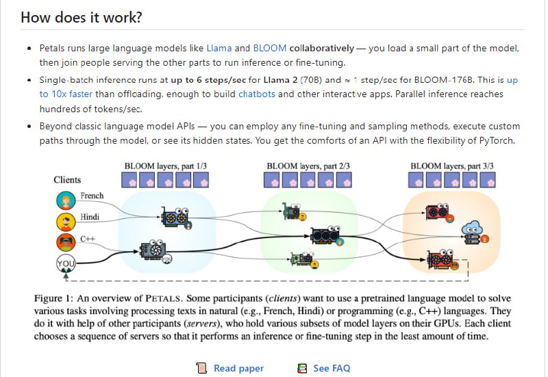 Petals，一个可以让多人协作运行 Llama 和 BLOOM 等大型语言模型的项目使用Llama 2 (70B)，Falcon (180B)，BLOOM (176B)（或其衍生版本）生成文本，并针对任务进行微调，可使用消费级GPU或Google Colab