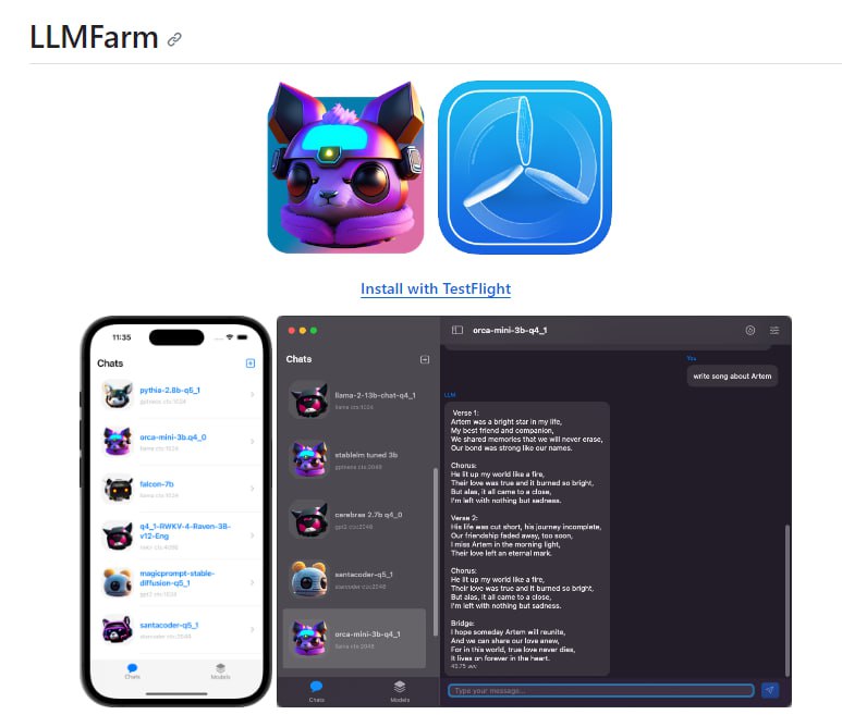 LLMFarm：iOS/MacOS上的离线大语言模型App(使用GGML库)，基于Georgi Gerganov的ggml和llama.cpp