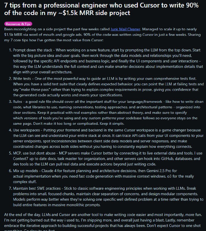 一位专业工程师分享了其使用 Cursor AI 编码工具在几周内完成其副业项目90%代码的7条核心技巧 | 原文地址1.  自顶向下提示 (Prompt down the stack)：在开发新功能时，从宏观概念和用户目标开始向LLM提问，然后逐步深入到数据模型、API端点、业务逻辑，最后是UI组件和用户交互