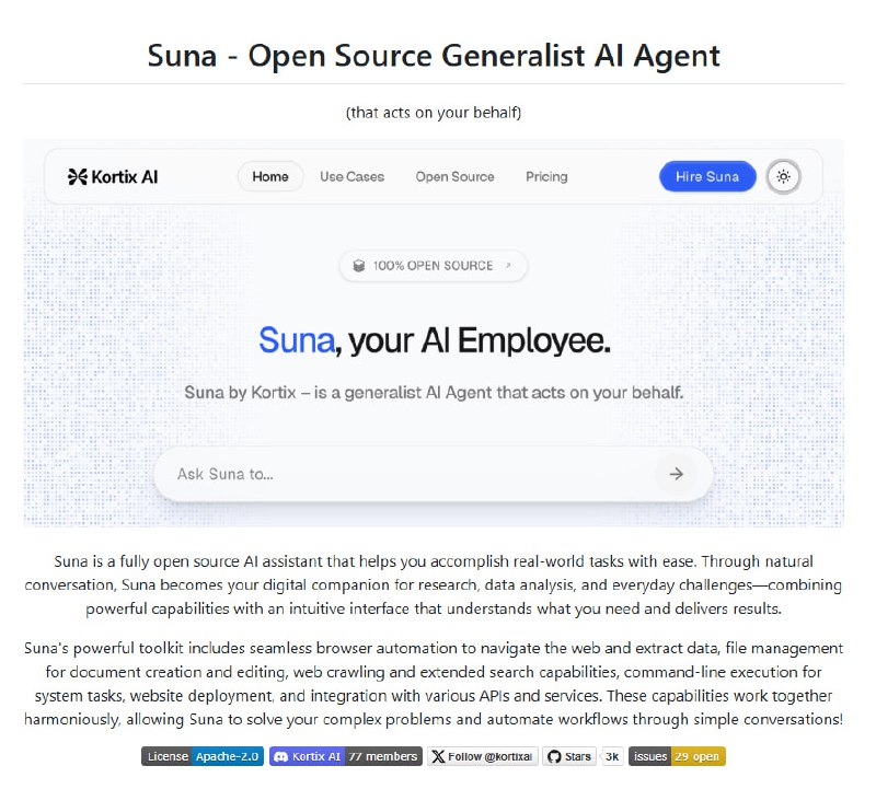 Suna：开源全能AI助手，用自然对话帮你搞定复杂任务