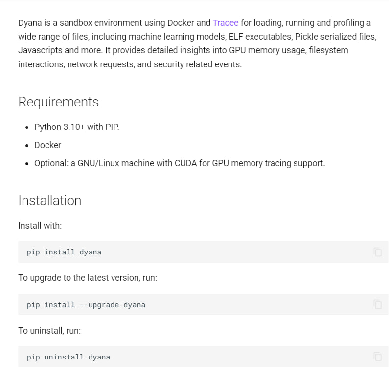 Dyana：一个多功能的沙盒环境，可以加载、运行和分析各种文件，包括机器学习模型、可执行文件、Python脚本等，帮用户深入了解文件的行为和性能Dyana：一个多功能的沙盒环境，可以加载、运行和分析各种文件，包括机器学习模型、可执行文件、Python脚本等，帮用户深入了解文件的行为和性能