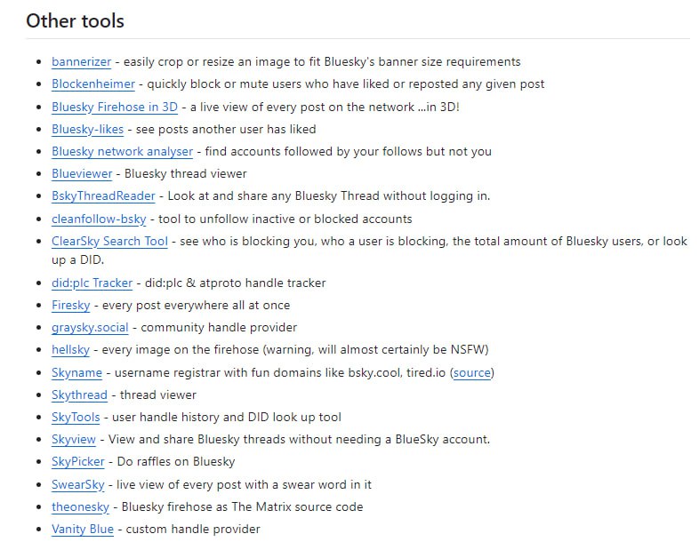Awesome-Bluesky：一个全面的Bluesky平台工具资源汇总列表，收录了大量与Bluesky相关的实用工具，包括数据统计分析、Feed管理、迁移工具、帖子管理、替代客户端等多个分类