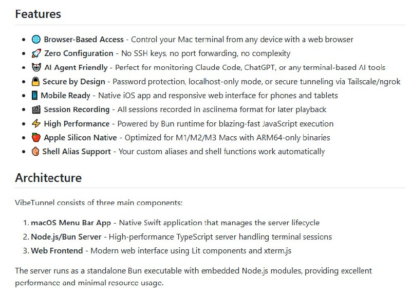 VibeTunnel：把浏览器变成Mac终端，随时随地掌控AI Agent和终端任务零配置，无需SSH密钥或端口转发；安全设计，支持密码保护和安全隧道；支持多设备访问，手机、平板、电脑都能用VibeTunnel：把浏览器变成Mac终端，随时随地掌控AI Agent和终端任务零配置，无需SSH密钥或端口转发；安全设计，支持密码保护和安全隧道；支持多设备访问，手机、平板、电脑都能用