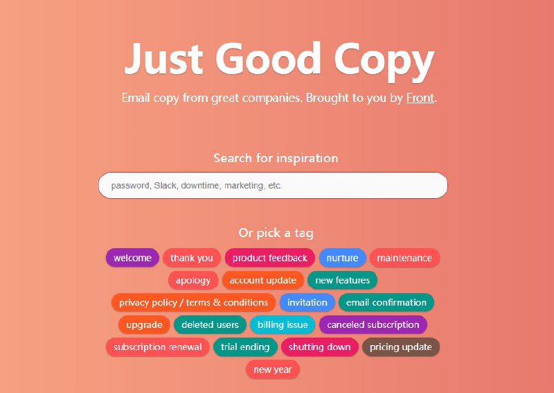 一个英文邮件范文网站，收录很多大公司的邮件撰写范本，有欢迎、道歉邮件，有产品回访邮件，节日问候等邮件，可以点击下面的标签筛选，也可以自己输入关键词，找到自己想要的英文邮件范文