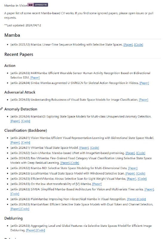 面向计算机视觉的Mamba相关论文资源列表 | Mamba-in-Computer-Vision