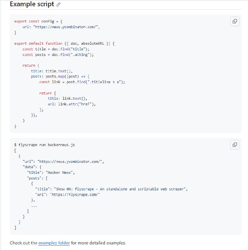 flyscrape：Go写的网站爬虫，独立可定制的Web抓取程序，兼具Go语言的速度特性和JavaScript的灵活性，结合了配置灵活易用和运行高效稳定两个优点flyscrape：Go写的网站爬虫，独立可定制的Web抓取程序，兼具Go语言的速度特性和JavaScript的灵活性，结合了配置灵活易用和运行高效稳定两个优点