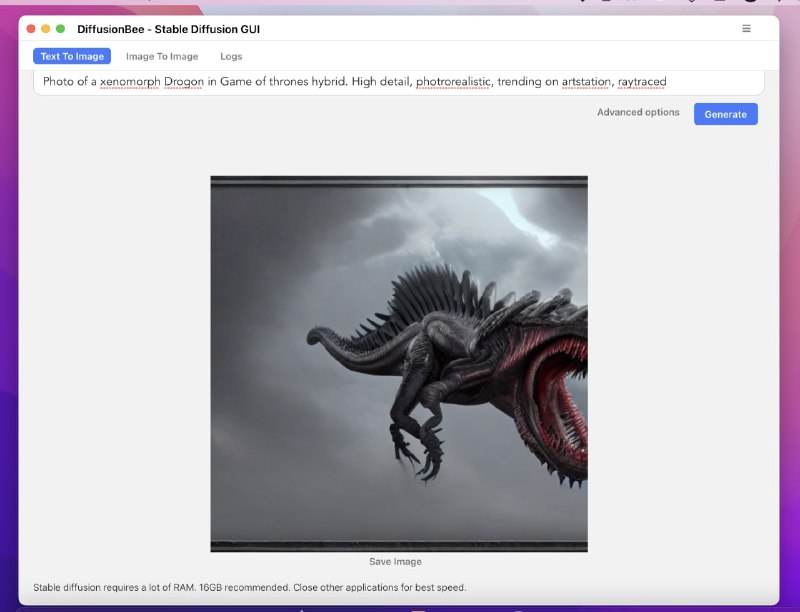 M1/M2芯片苹果电脑上的开源Stable Diffusion图形界面应用1.可在计算机上本地运行，没有数据发送到云端（除了请求下载权重和检查软件更新）2.如果你喜欢 Diffusion Bee，可以看一下 Liner.ai，这是一个训练机器学习模型的一键工具系统要求1.M1 / M2 麦克2.首选 16 GB RAM
