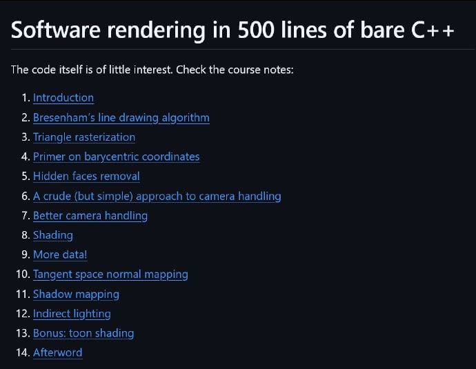 用500行裸C++实现软件渲染“在这系列文章中，我的目标是通过从零开始编写一个简化版的克隆，展示OpenGL、Vulkan、Metal和DirectX是如何工作的