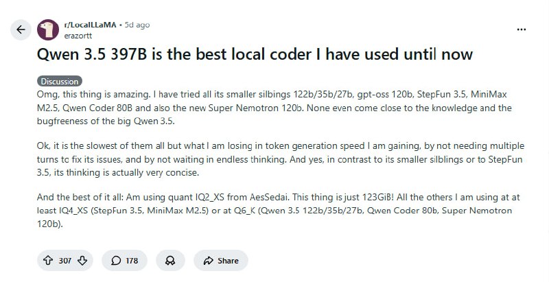Qwen 3.5 397B：最强本地编程模型？| 帖子一位开发者测试了Qwen 3.5 397B模型后认为，它是目前最好的本地编程模型