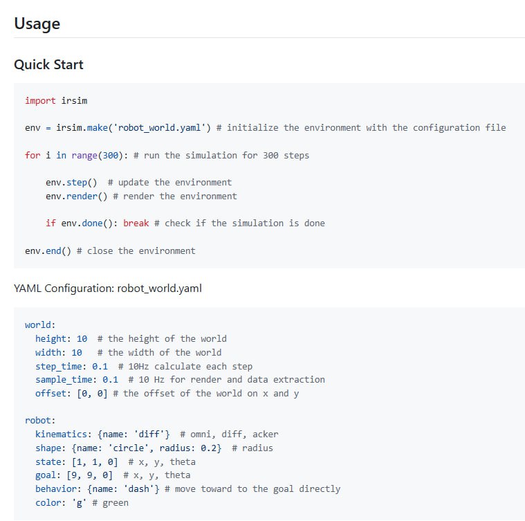 Intelligent Robot Simulator (IR-SIM) 是一款基于 Python 的轻量级机器人仿真器，专注于导航、控制和强化学习的快速验证